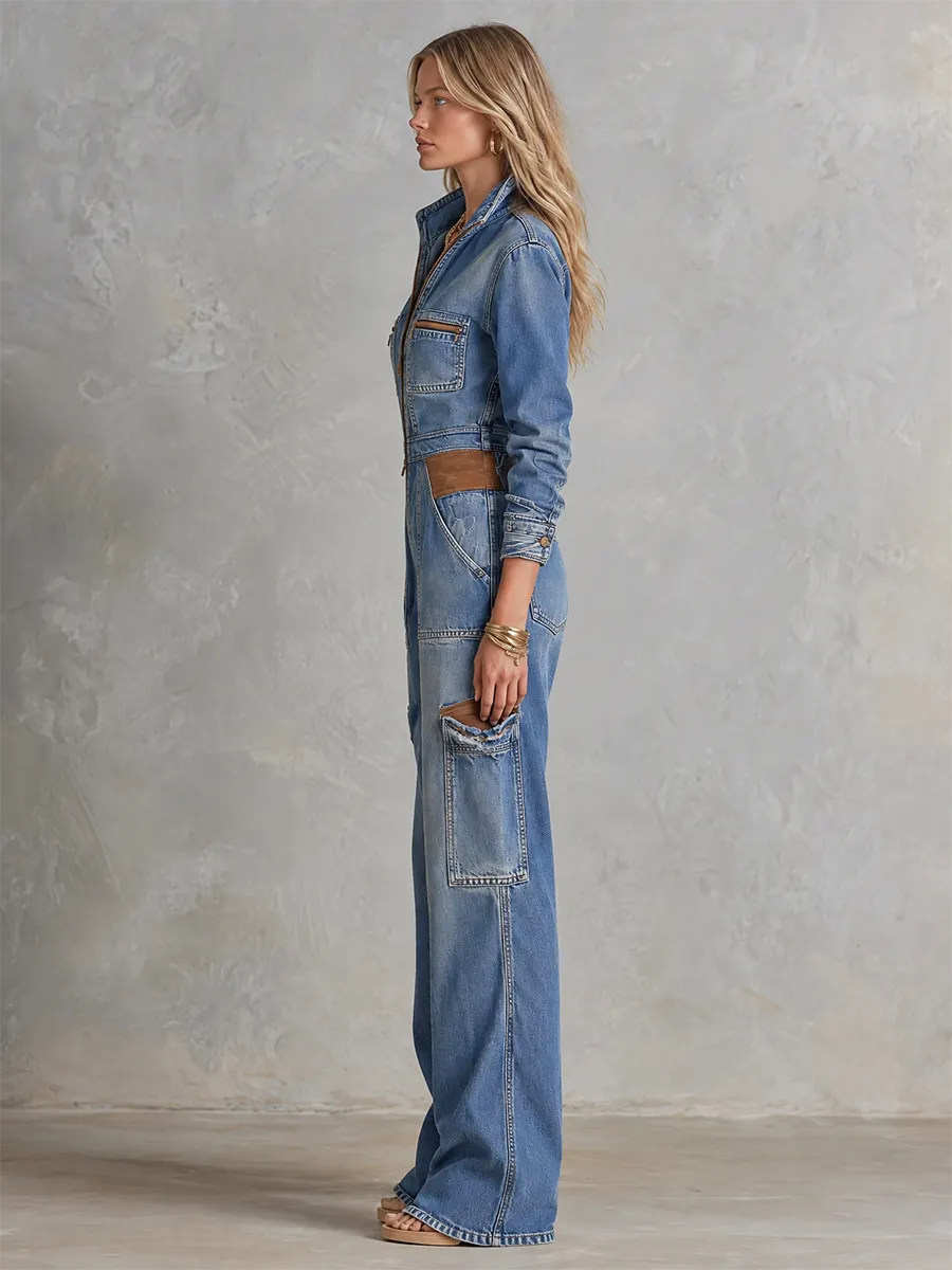 Zip Front Drawstring Waist Wide Leg Coverall Blue Denim Jumpsuit