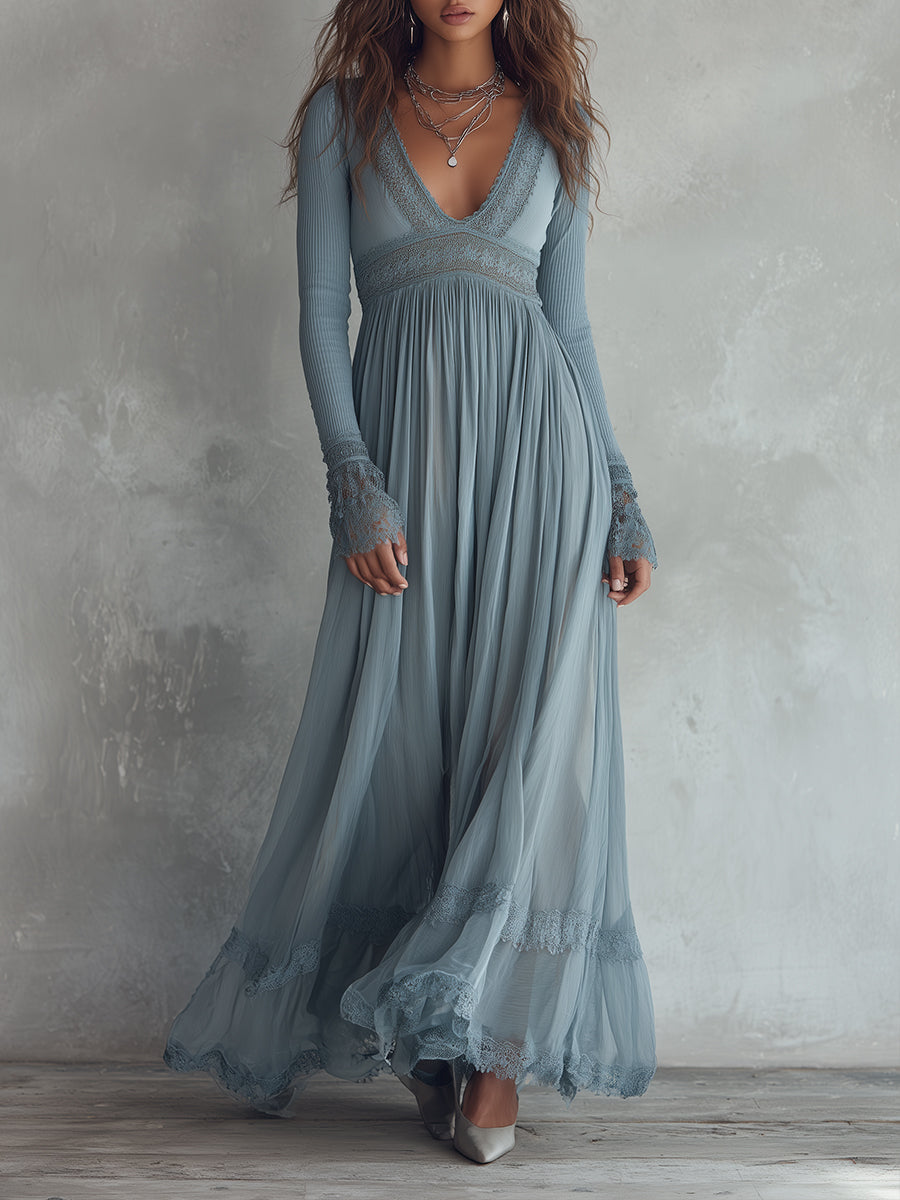 Bohemian Holiday Knitted Chiffon Pleated Lace Splicing Maxi Dress