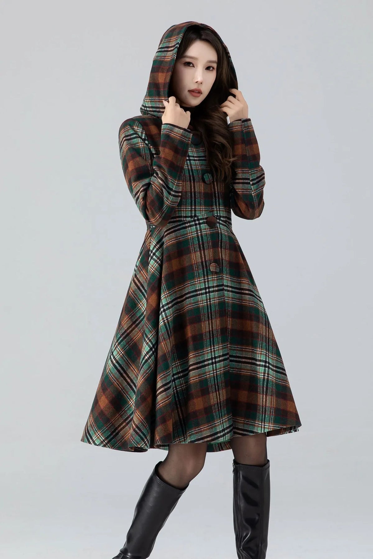 Plaid Wool Coat Midi Dress - Hooded Fit and Flare Winter Outerwear 4784