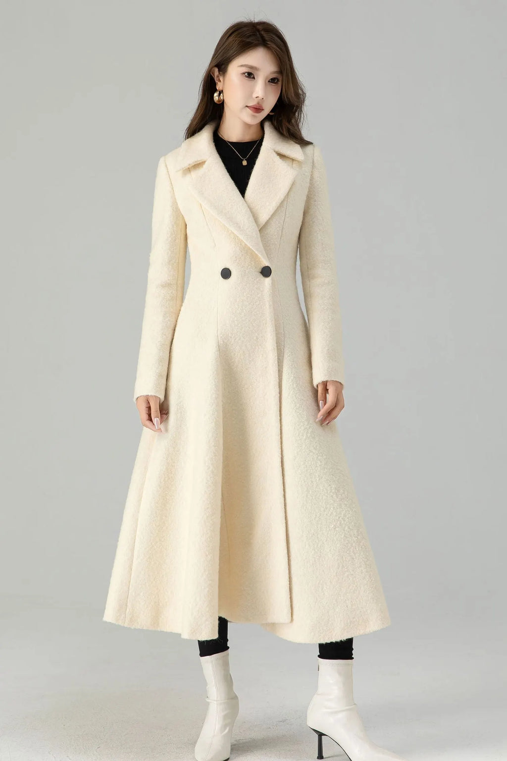Off White Wool Maxi Coat - Fit and Flare Double Breasted 4559