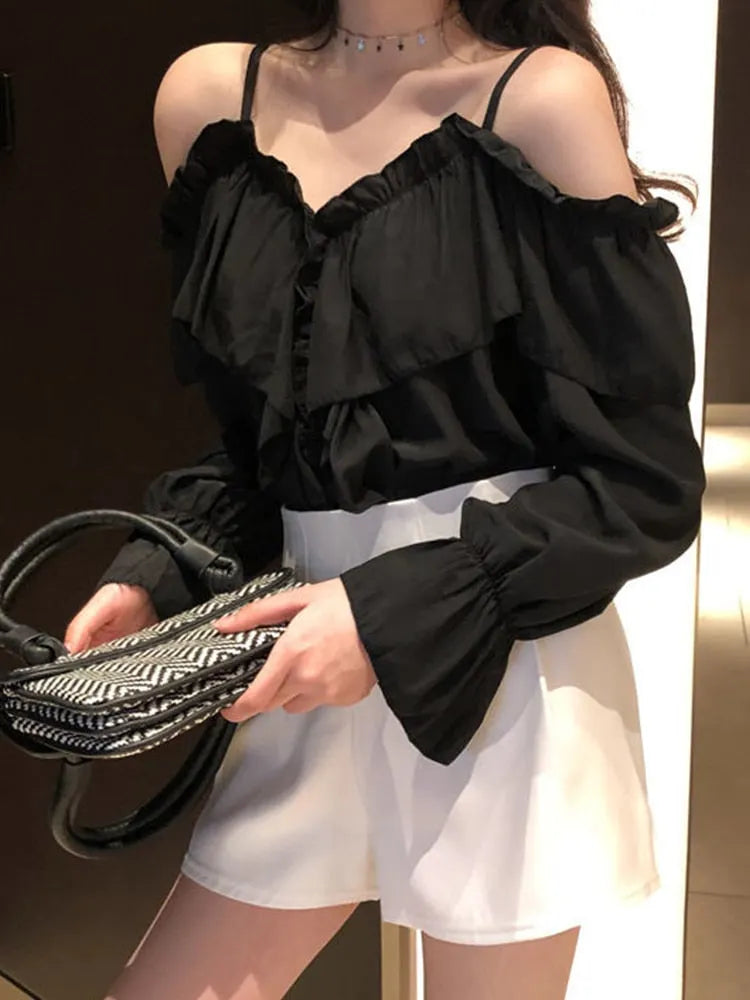 Casual Loose Spaghetti Strap Flare Sleeve Ruffles Tops