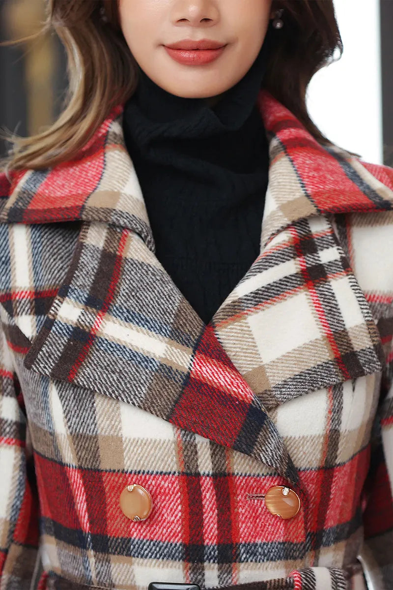 Handmade Red Plaid Wool Coat – Vintage Belted Long Winter Overcoat 