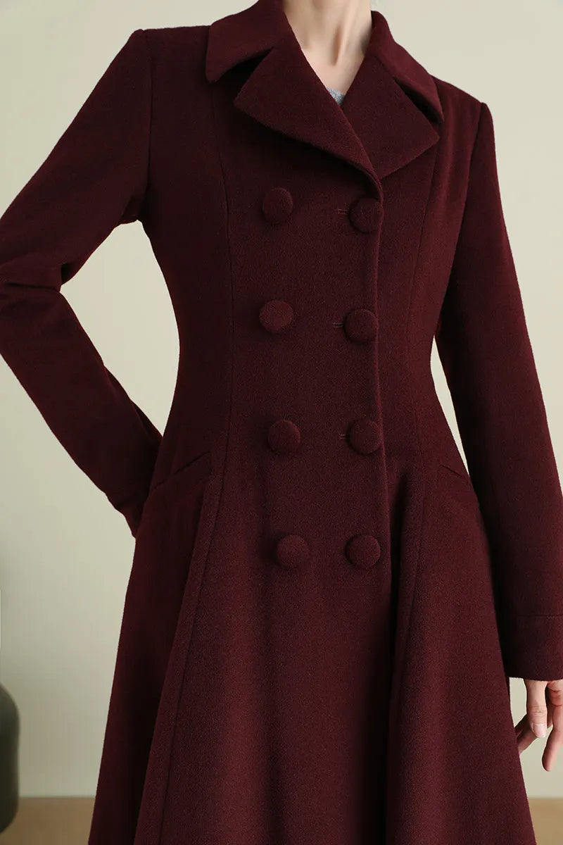 Handmade Wine Red Wool Coat – Vintage Double-Breasted Fit and Flare Overcoat 