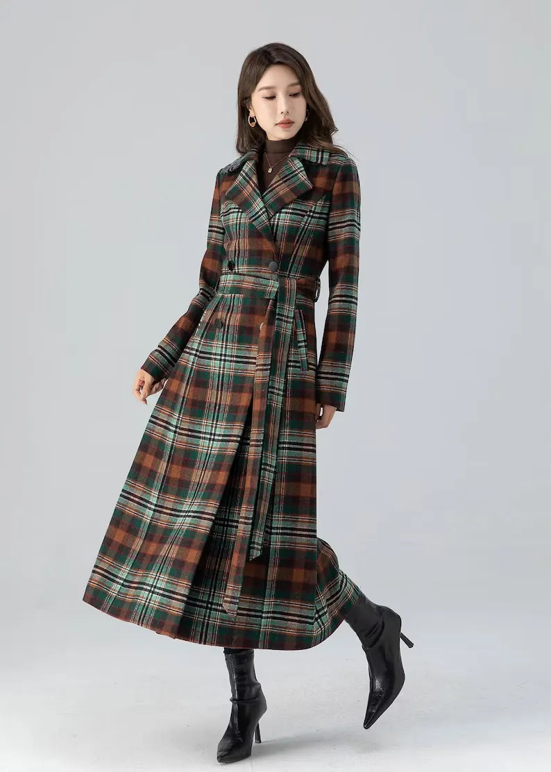 Plaid Wool Coat Maxi - Double Breasted Fit and Flare 4785