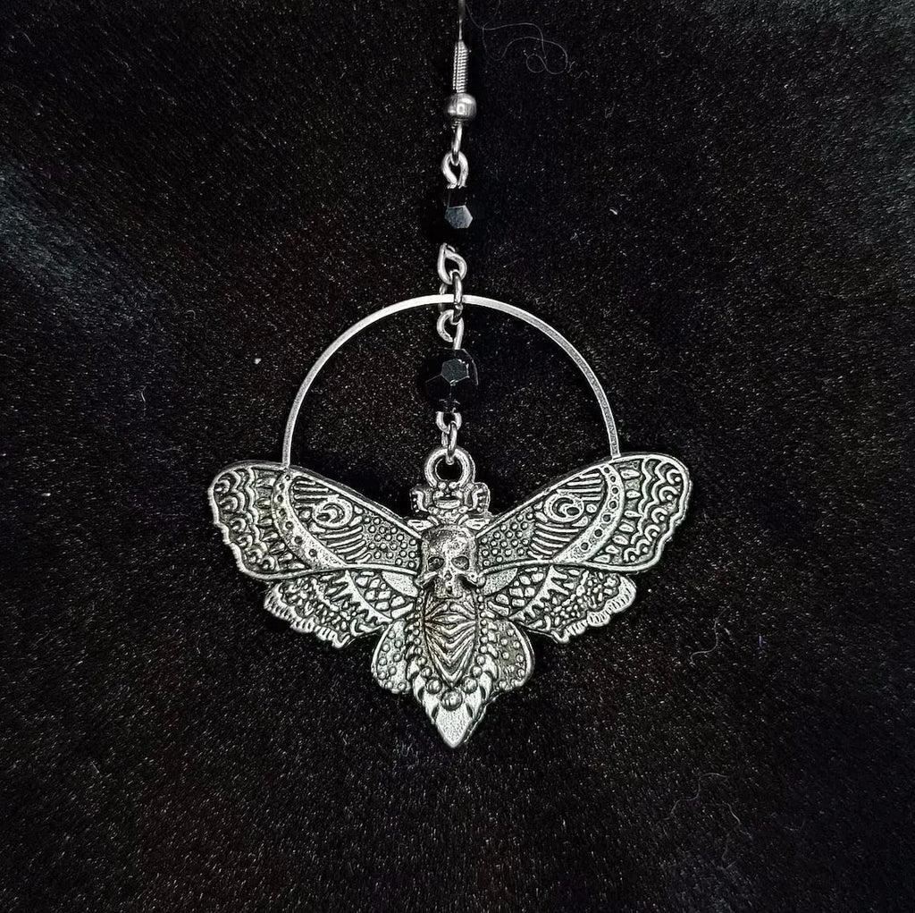 Black Crystal Beads Skull Moth Earrings