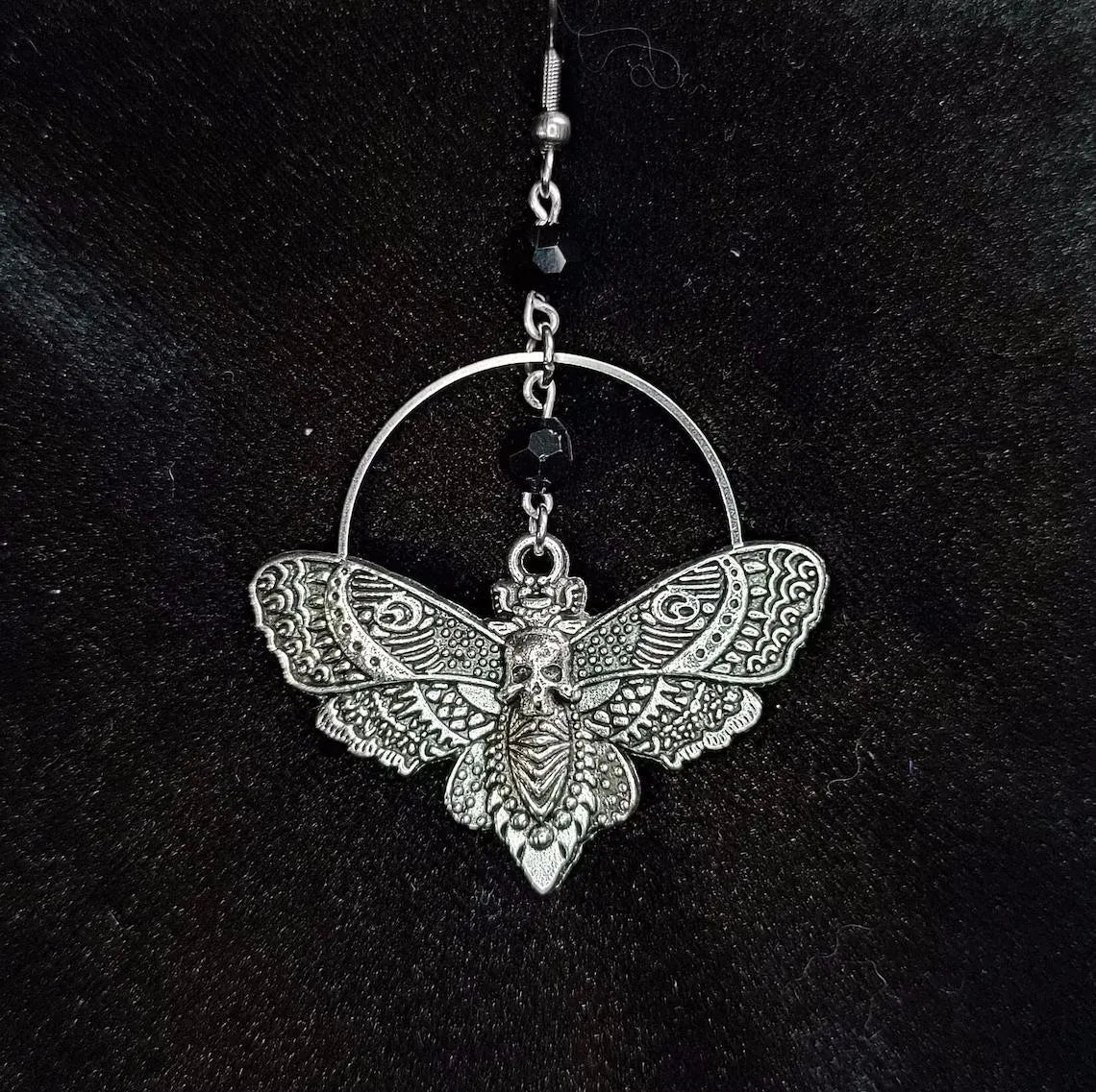 Black Crystal Beads Skull Moth Earrings