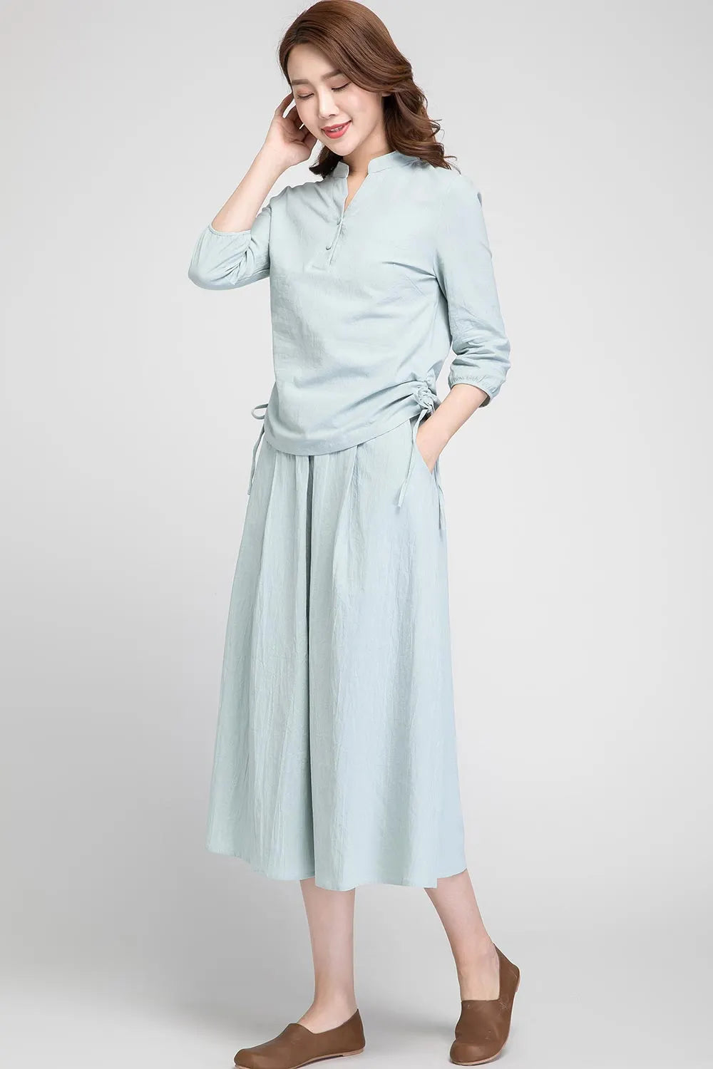 Mint Green Linen Midi Skirt - Elastic Waist with Seam Pockets 1898