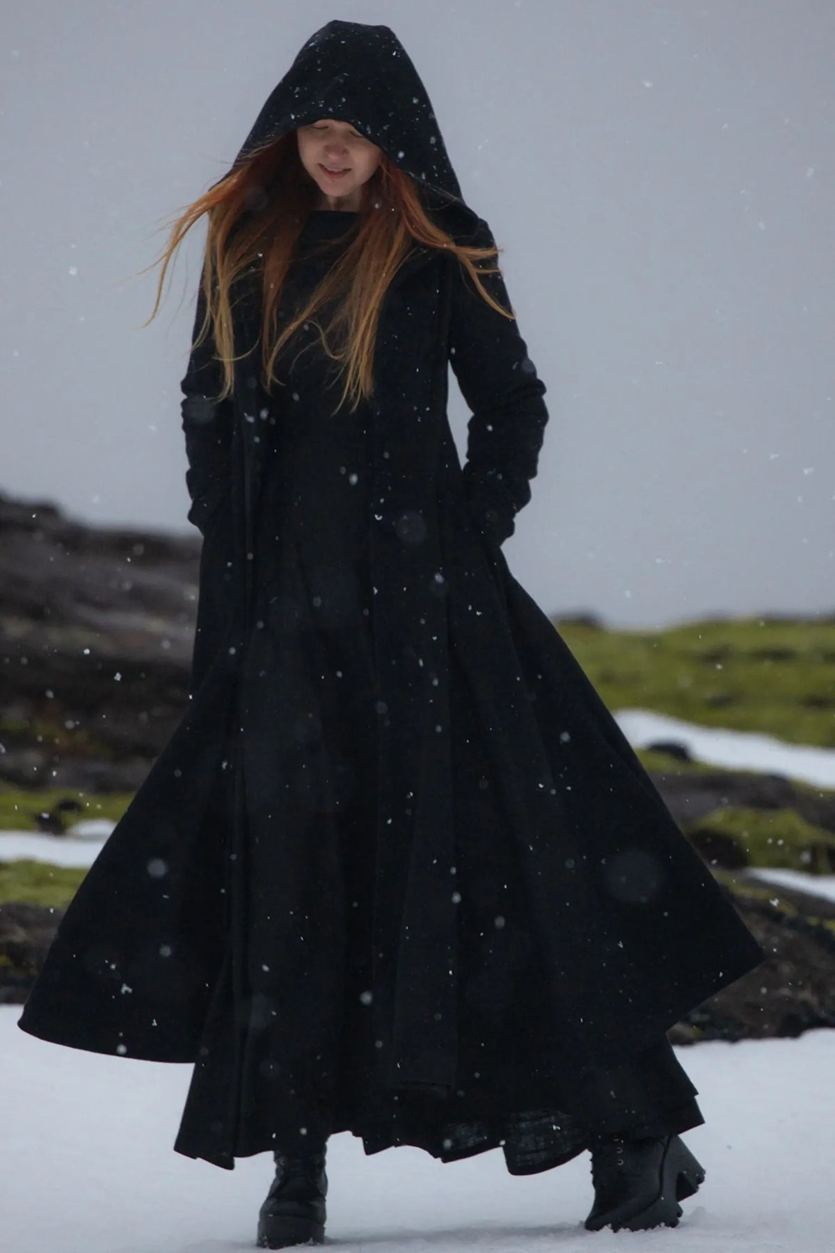 Handmade Black Wool Coat – Hooded Fit & Flare Maxi Winter Overcoat 