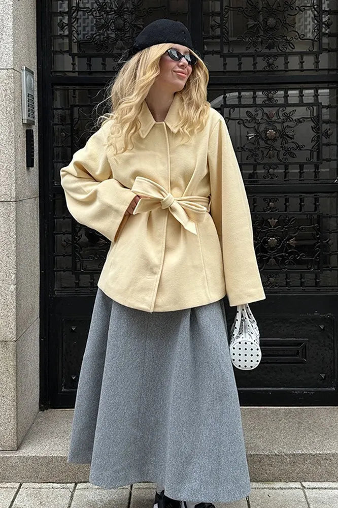 Solid Color Belted Midi Wool Blend Coat