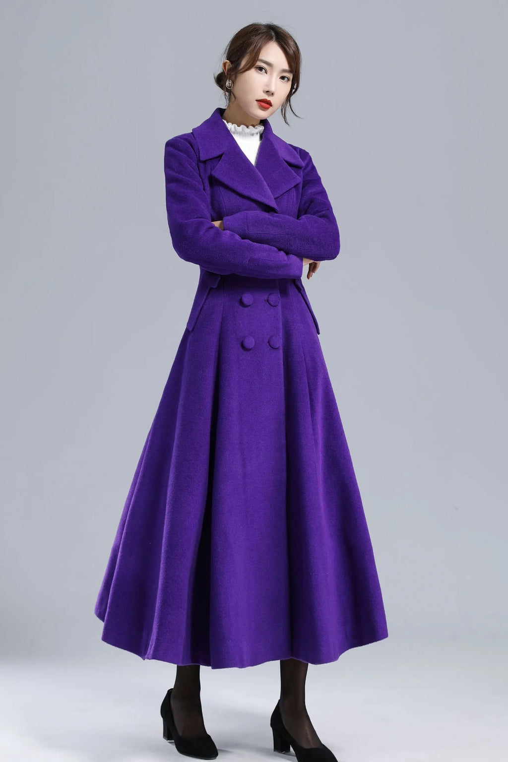 Purple Wool Coat - Vintage Double-Breasted Fit-and-Flare Overcoat 3237