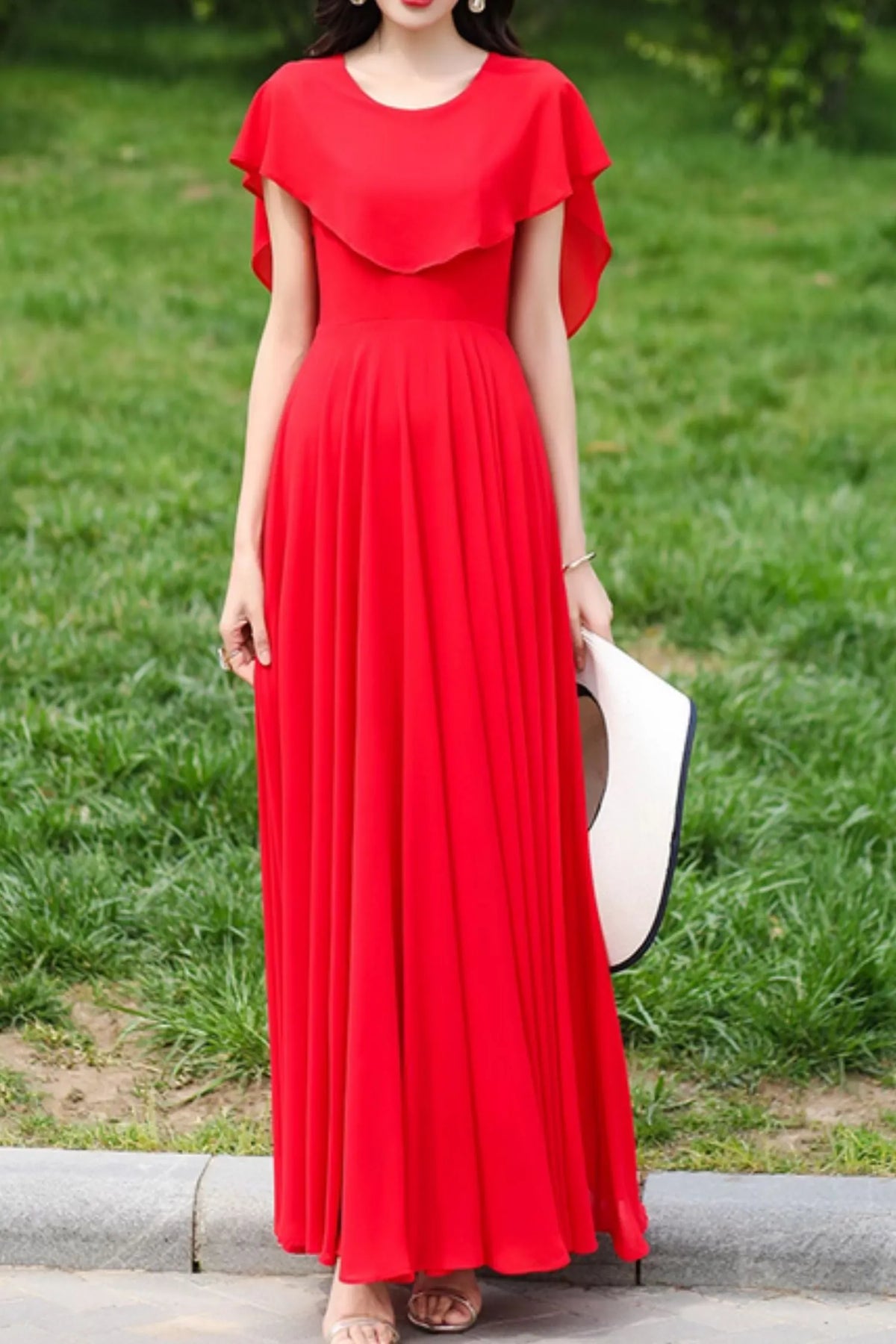 Red Chiffon Prom Maxi Dress - Fit and Flare with Cape Detail 5029