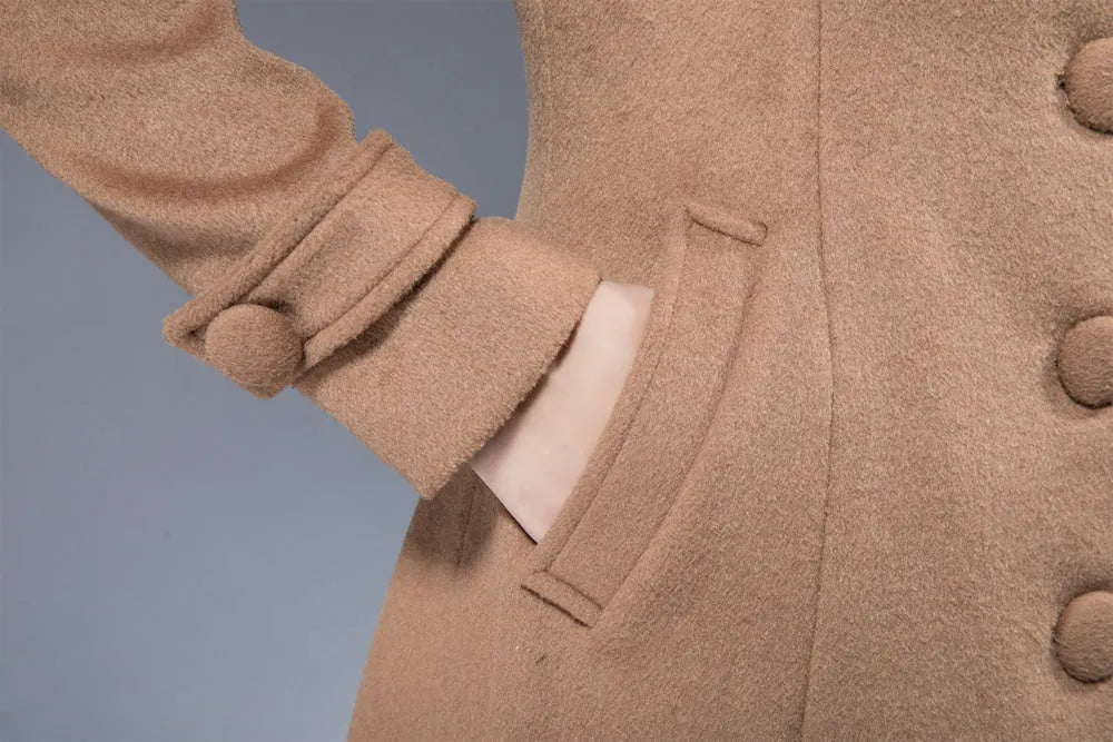 Xiaolizi Camel Long Wool Coat for Women – Handmade High-Neck Fit-and-Flare Winter Coat 1826