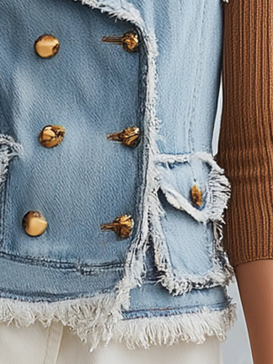 Light Blue Frayed Gold Button Front Denim Vest