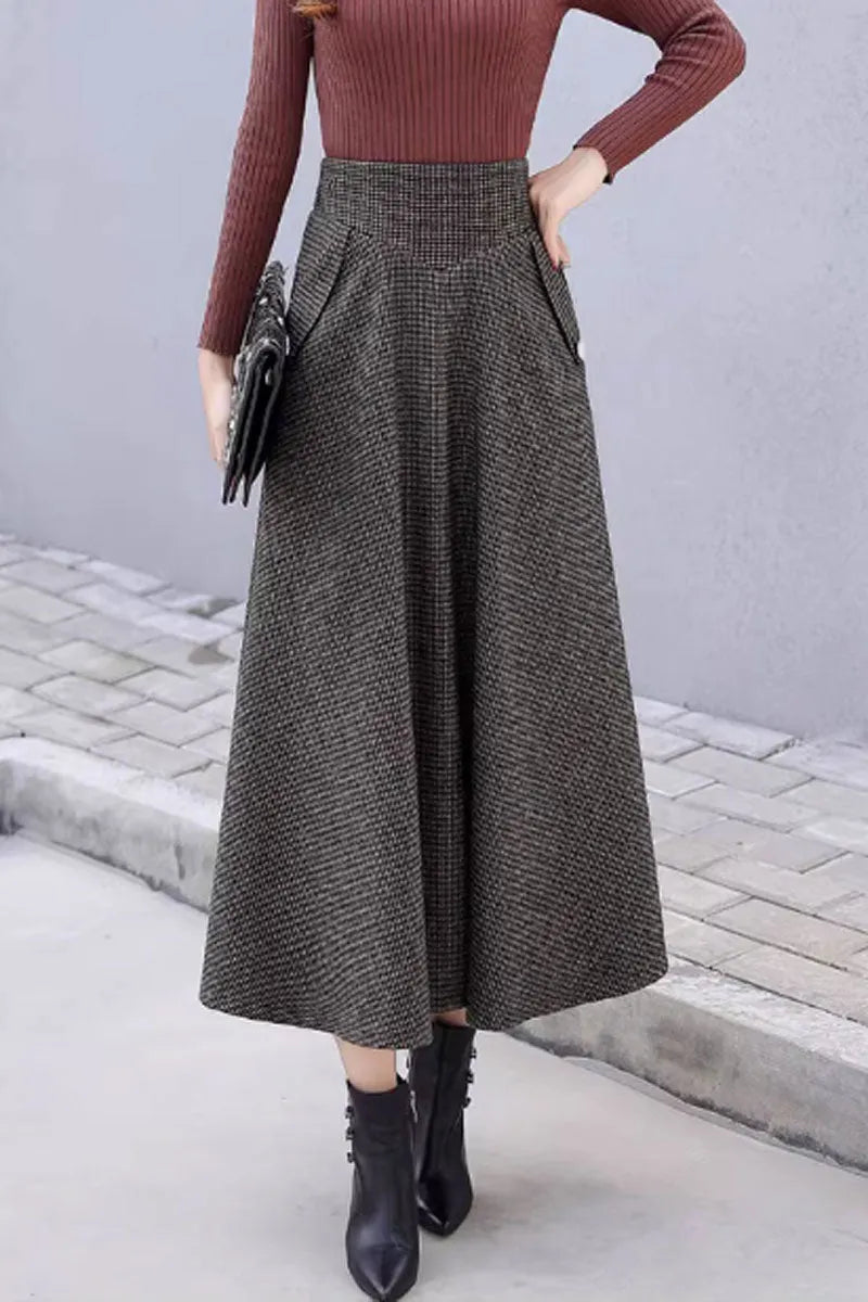 Black Gray Wool Midi Skirt - Striped A-Line with Pockets 4645-1