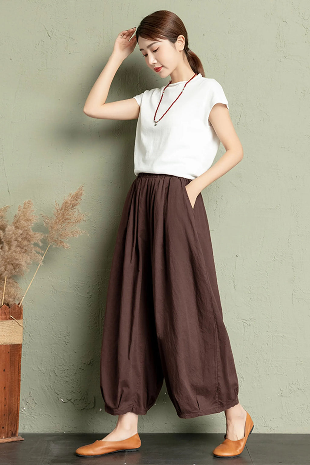 Linen Wide Leg Pants Women - High Waist Elastic 