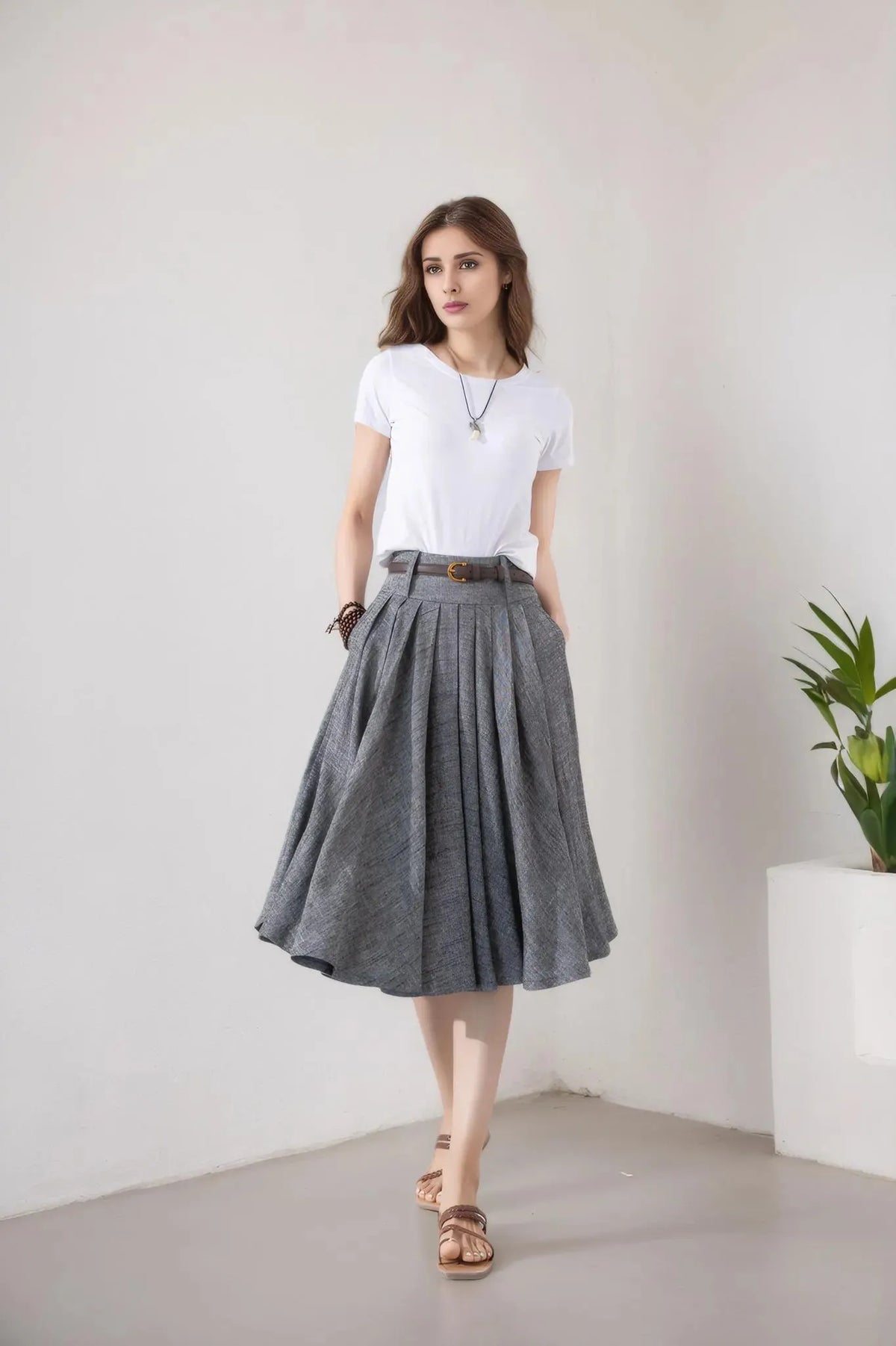 Gray Cotton Linen Pleated Midi Skirt - Flare Circle Swing Silhouette 5801
