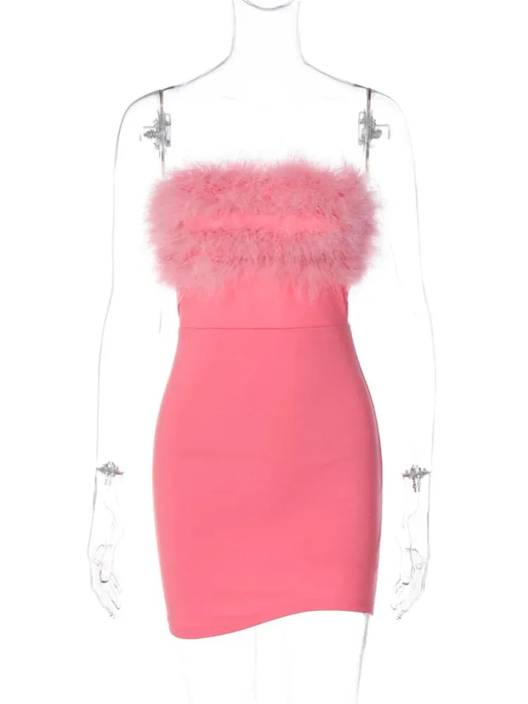 Feather Patchwork Tube Summer Party Clubwear Sexy Mini Dress