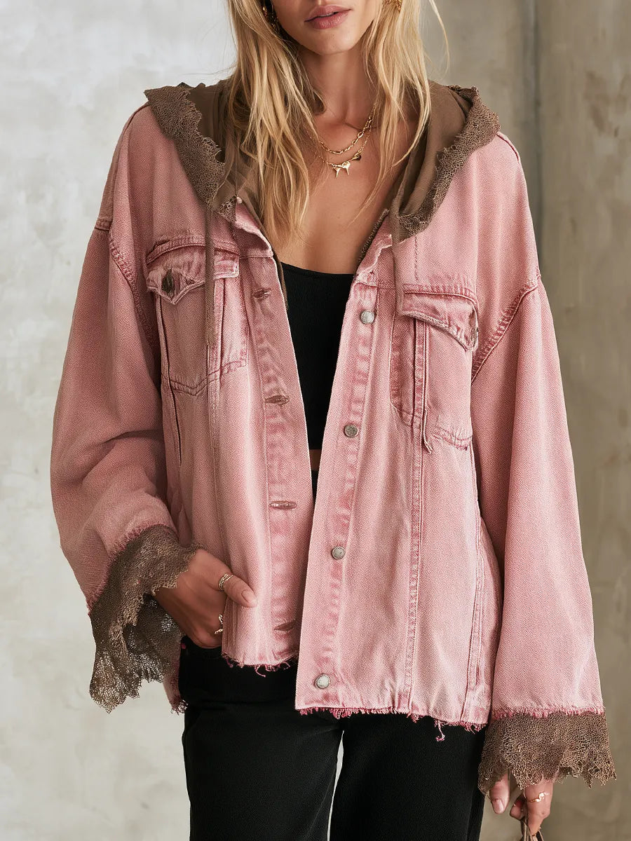 Oversized Washed Pink Hooded and Frayed Lace Trim Denim Jacket