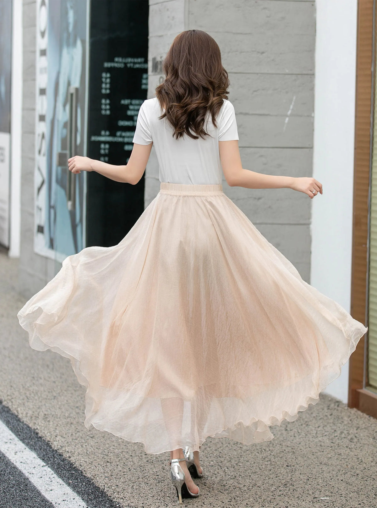 Handmade Beige Chiffon Swing Skirt – Flowing Maxi Circle Skirt 