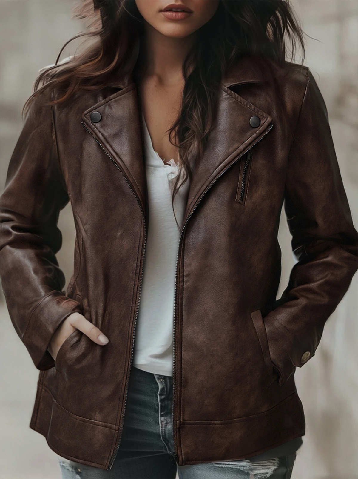 Women's Lapel Vintage Faux Leather Jacket