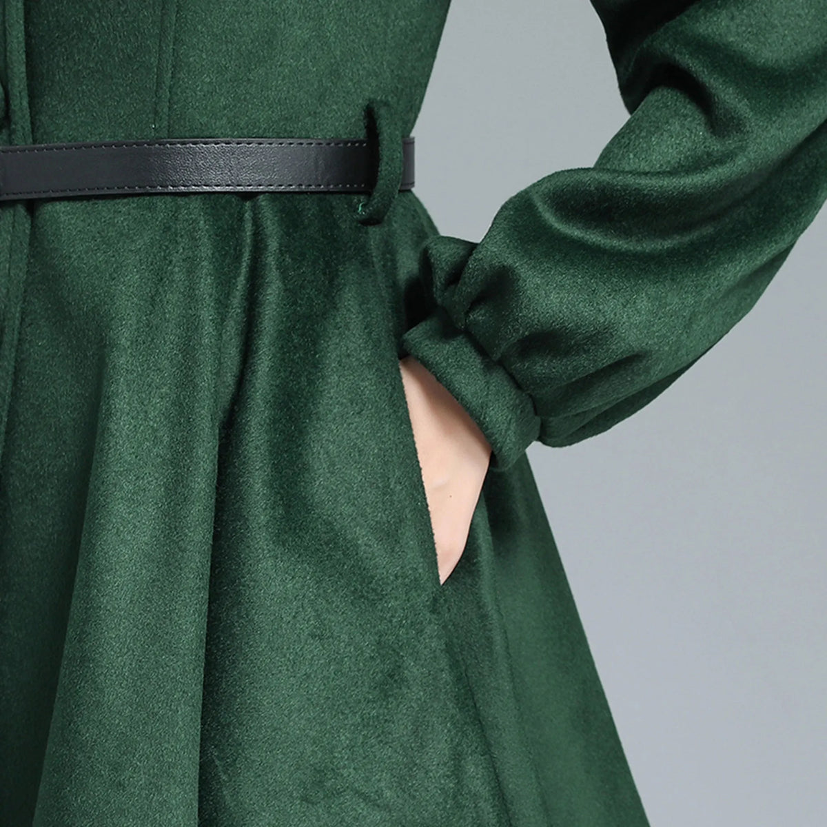 Army Green Wool Coat - Belted Swing Silhouette 3131