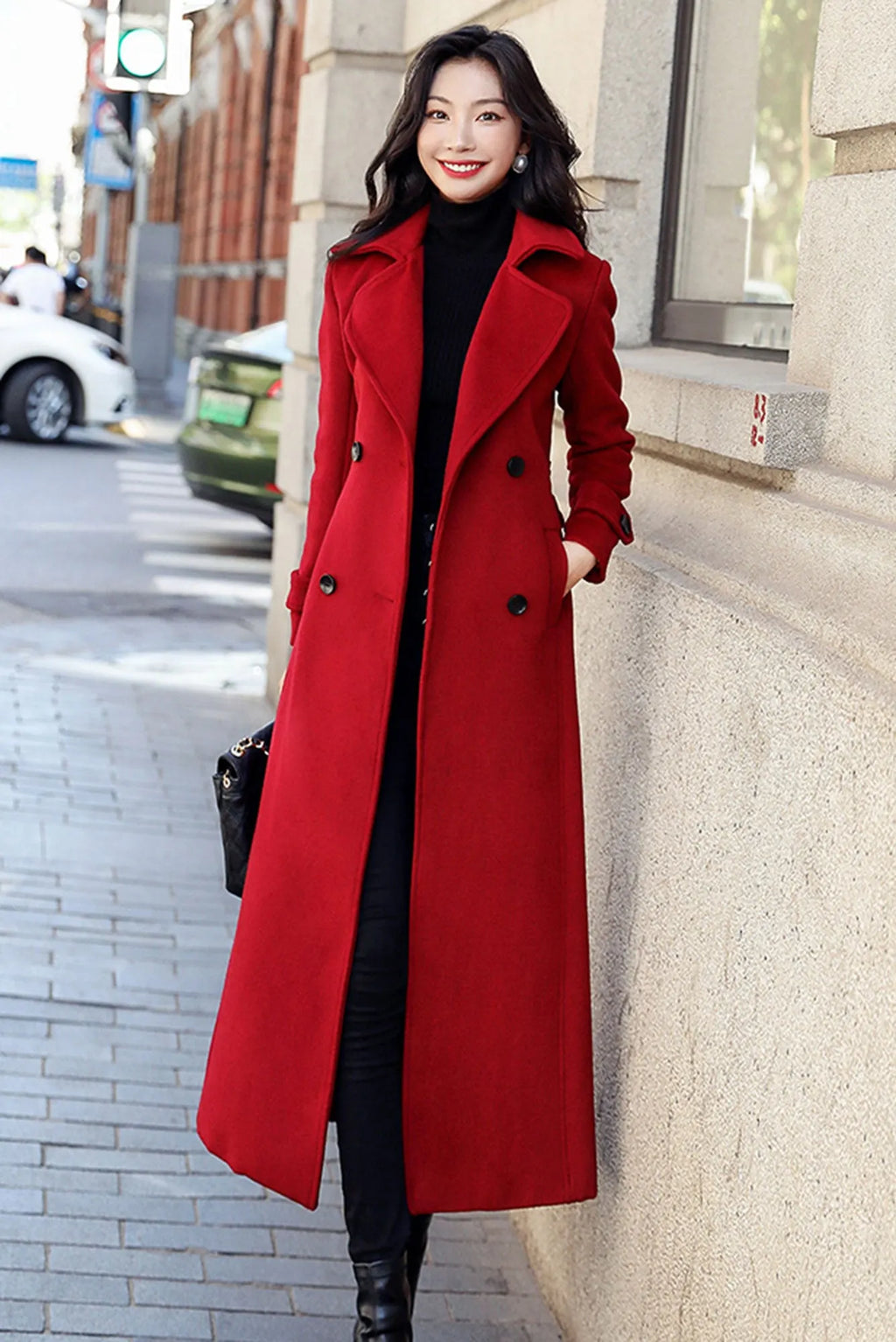 Red Wool Blend Long Coat - Double Breasted and Belted 3190
