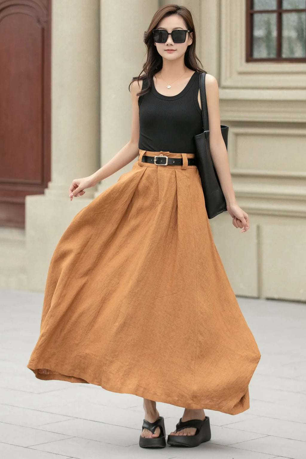 Camel Linen Skirt – Handmade High Waist Long Summer Skirt 