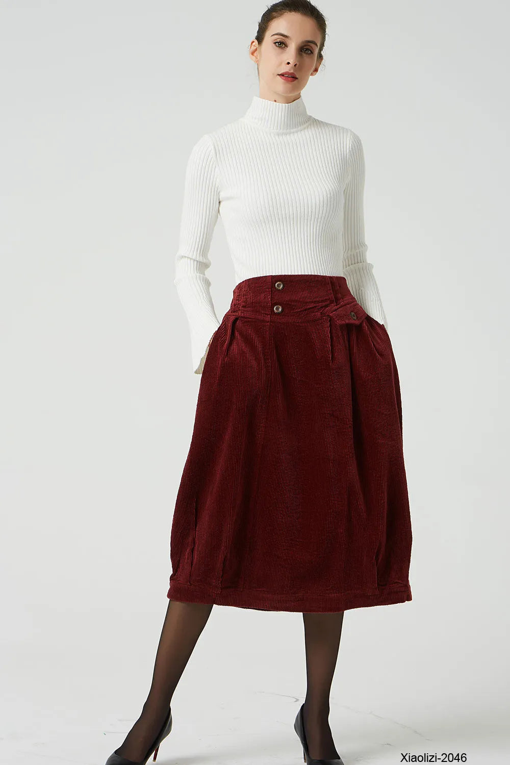 Wine Red Corduroy Bubble Skirt - Elastic Waistband, Pockets 2046