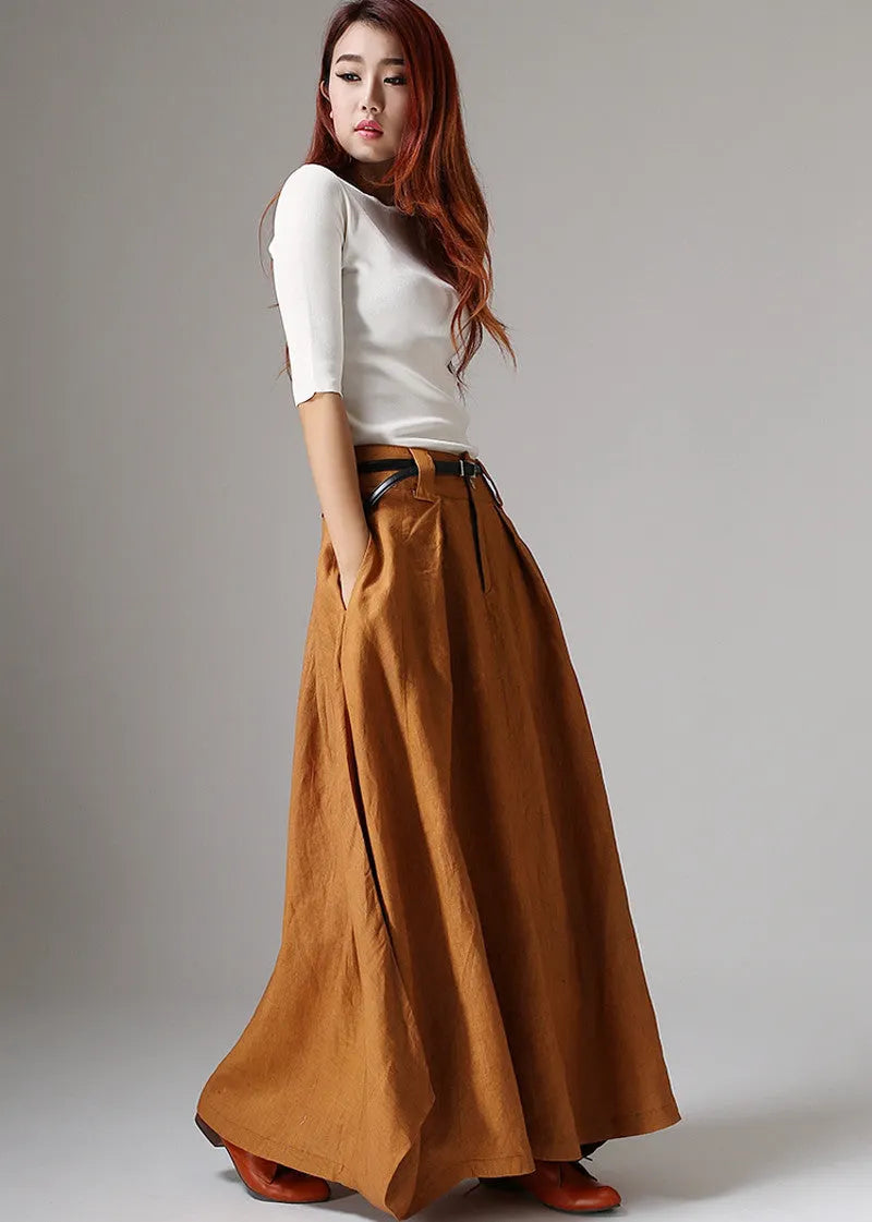 Women’s Handmade Linen Maxi Skirt – Brown Asymmetrical Bohemian Skirt 
