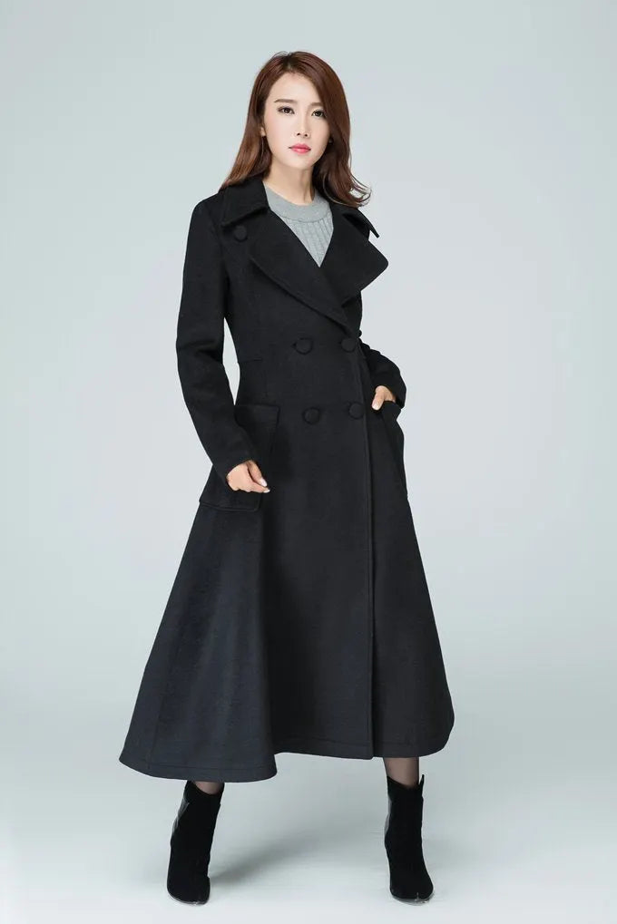 Black Wool Long Coat - High Waist, Double-Breasted Fit 1607
