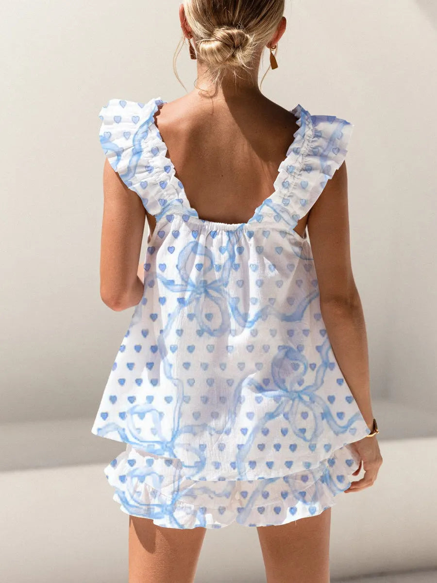Heart Bow Print Ruffled Trim Short Tank Top Shorts Pajama Set
