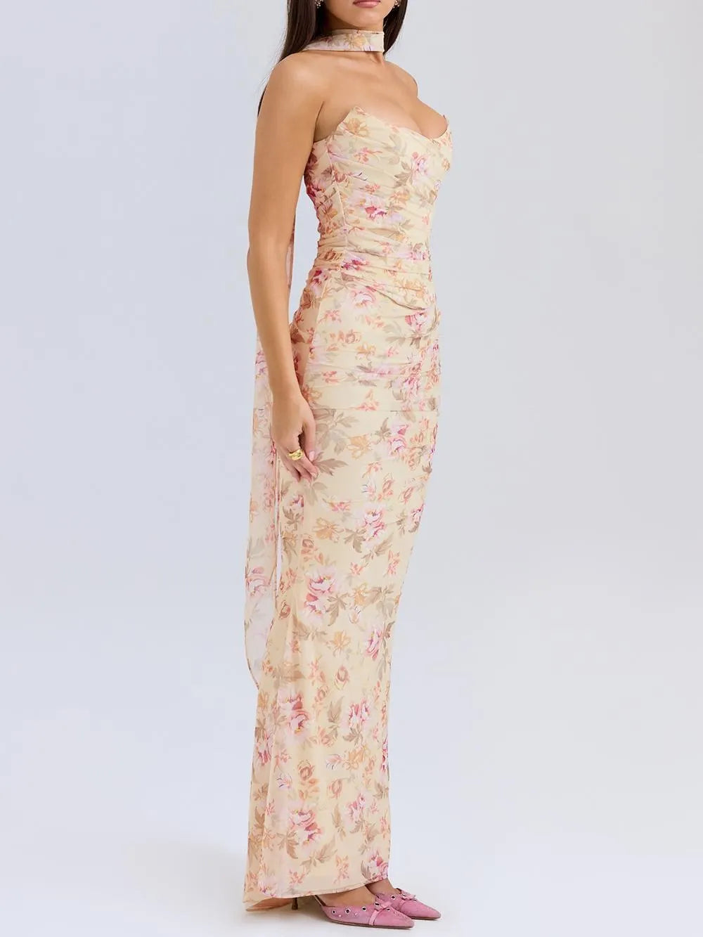 Floral Strapless Bodice and High Waist Skirt with Tie Set