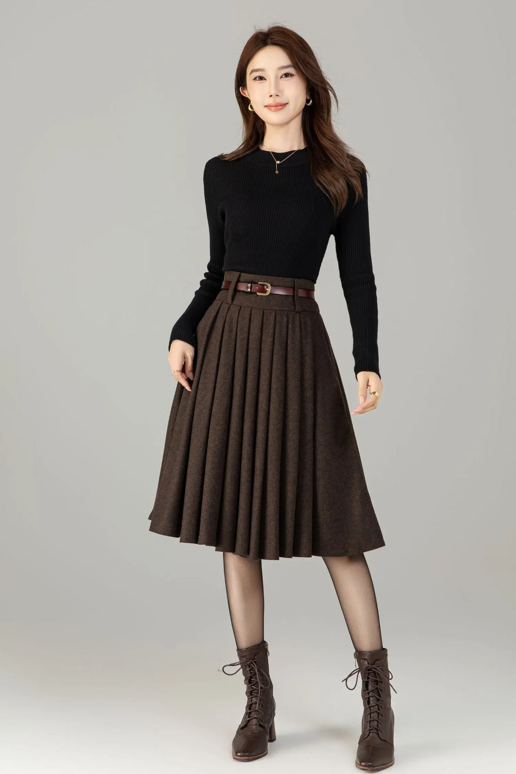 Vintage Wool Blend Circle Skirt – Handmade Knee Length Winter Skirt with Pockets 