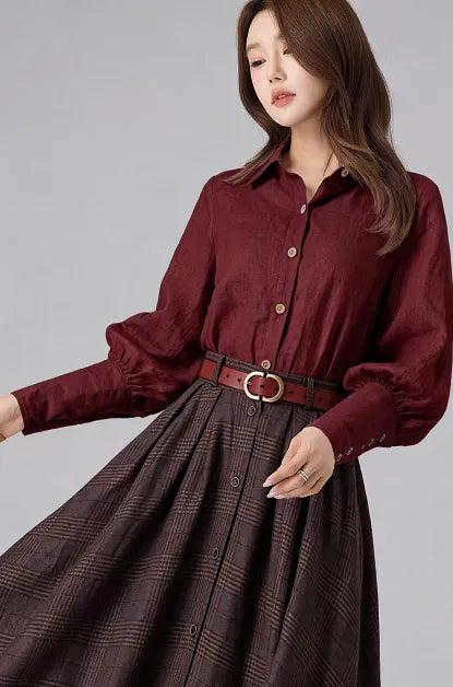 Red Linen Top - Vintage Lantern Sleeves with Button Front 6918