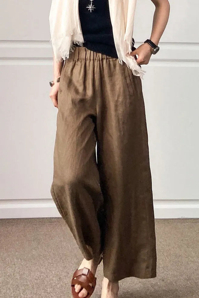 Beige Cotton Linen Wide Leg Pants - Loose Fit with Elastic Waist 3496