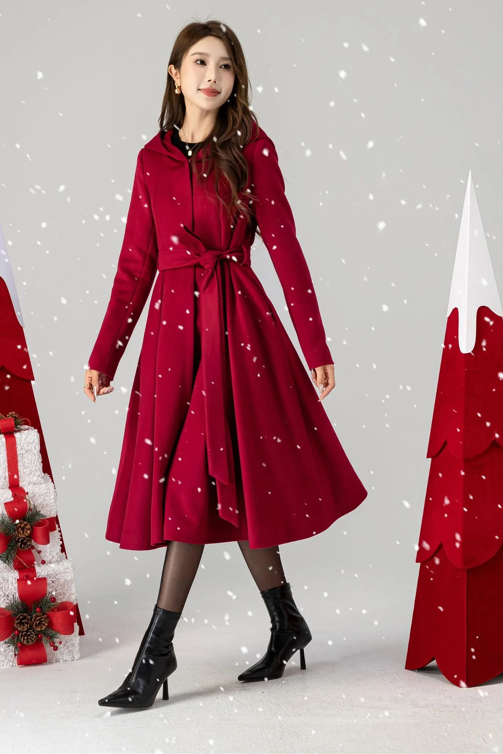 Red Wool Hooded Coat - Princess Silhouette with Belted Waist 6295