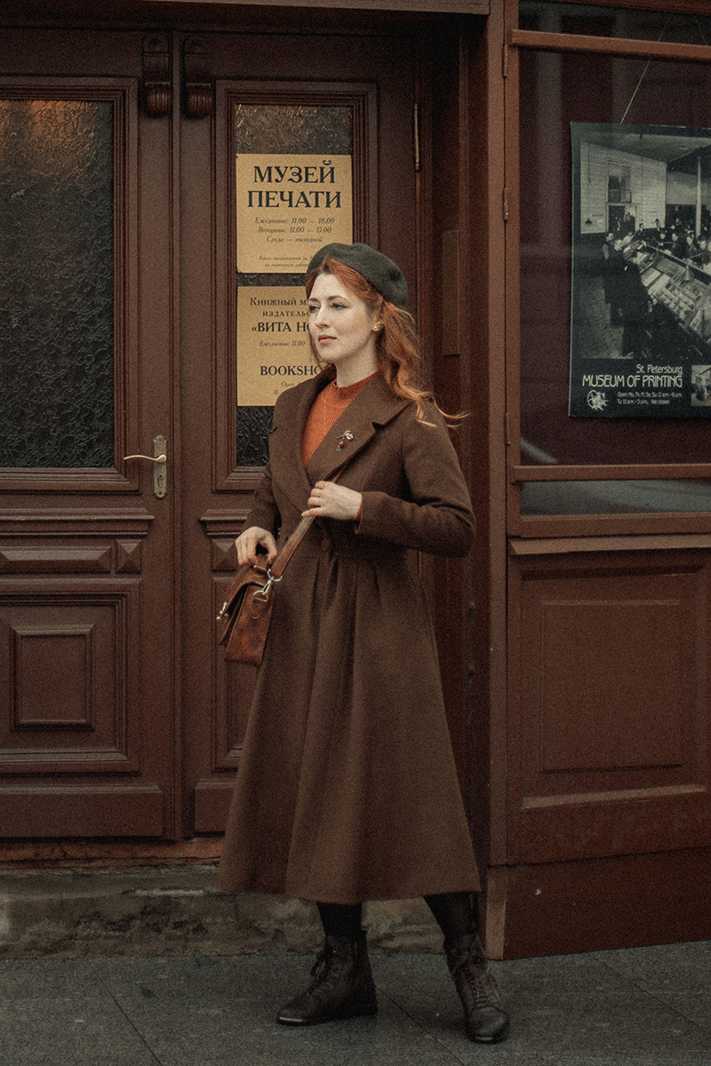 Brown Wool Blend Coat – Handmade Pleated Long Winter Dress Coat 