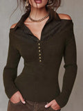 Vintage Fake Two Piece Off-Shoulder Ribbed Sweater with Striped Shirt Collar