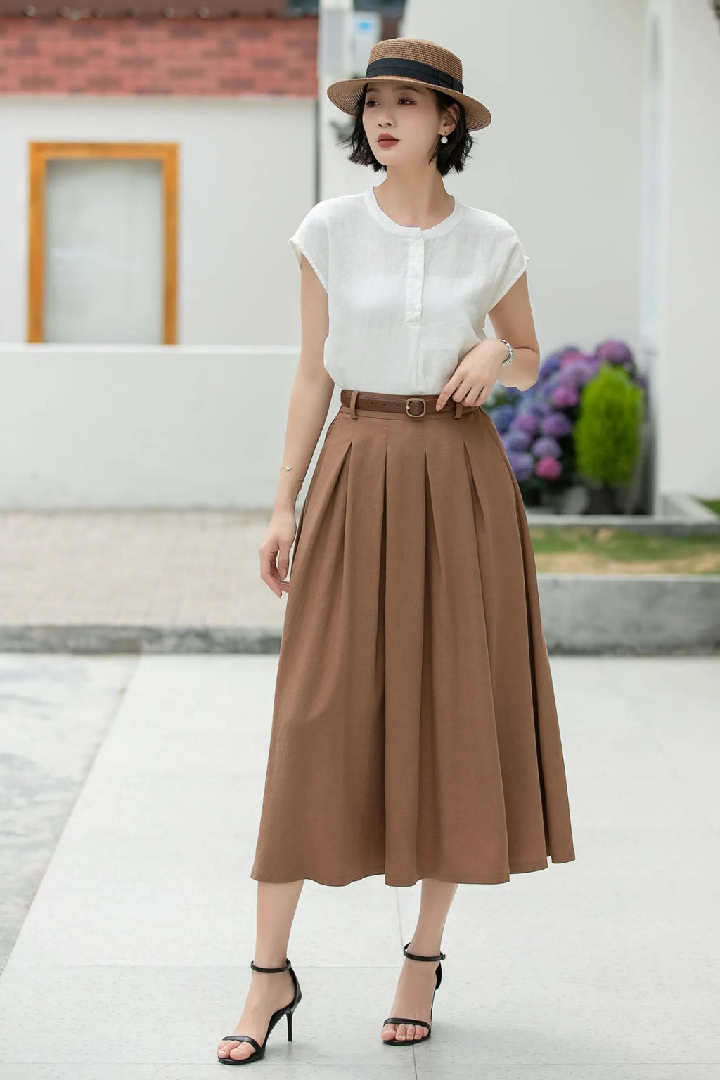 Coffee Linen Midi Skirt - Pleated A-Line with Belt Loops 5982