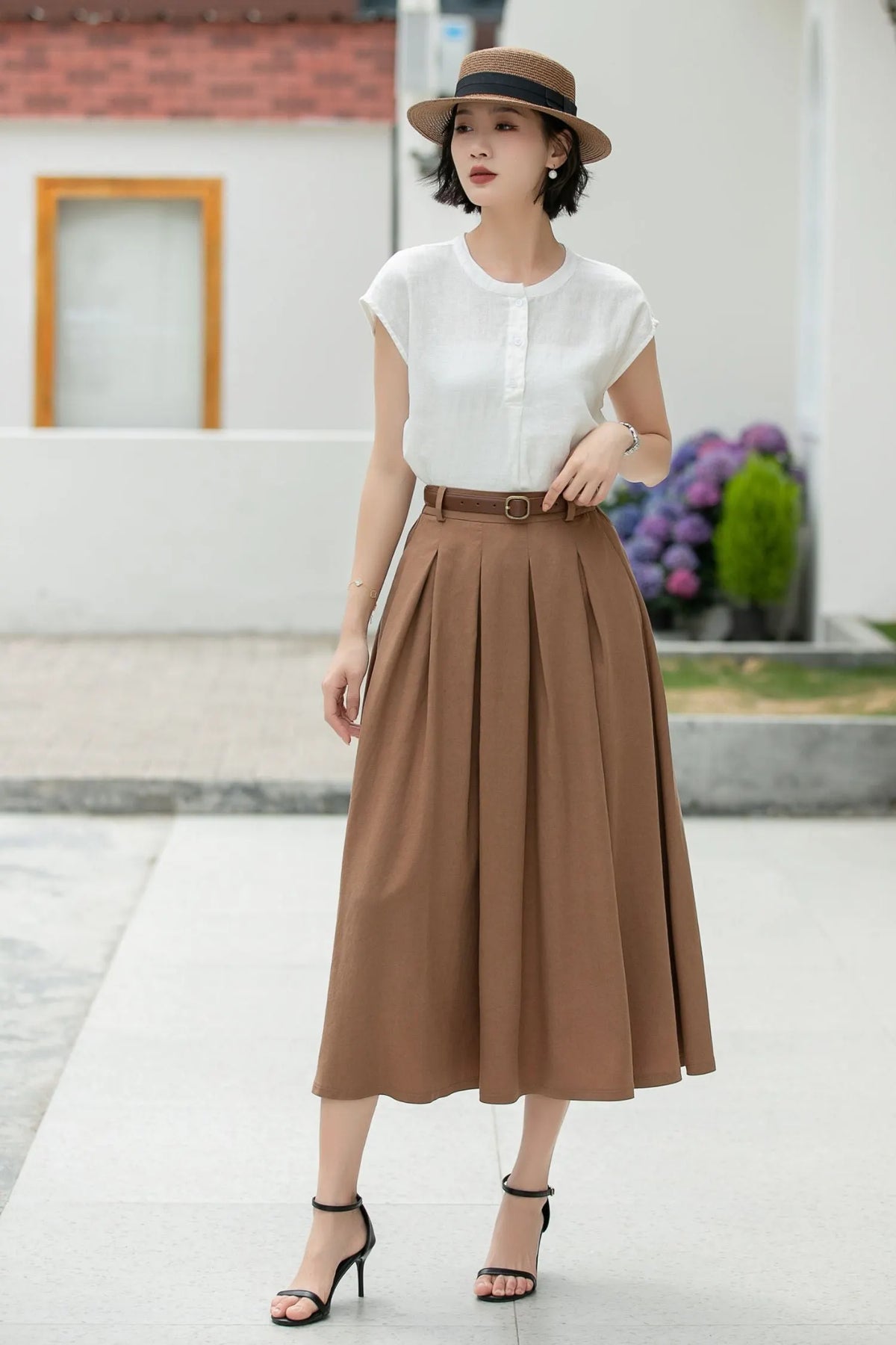 Coffee Linen Midi Skirt - Pleated A-Line with Belt Loops 5982