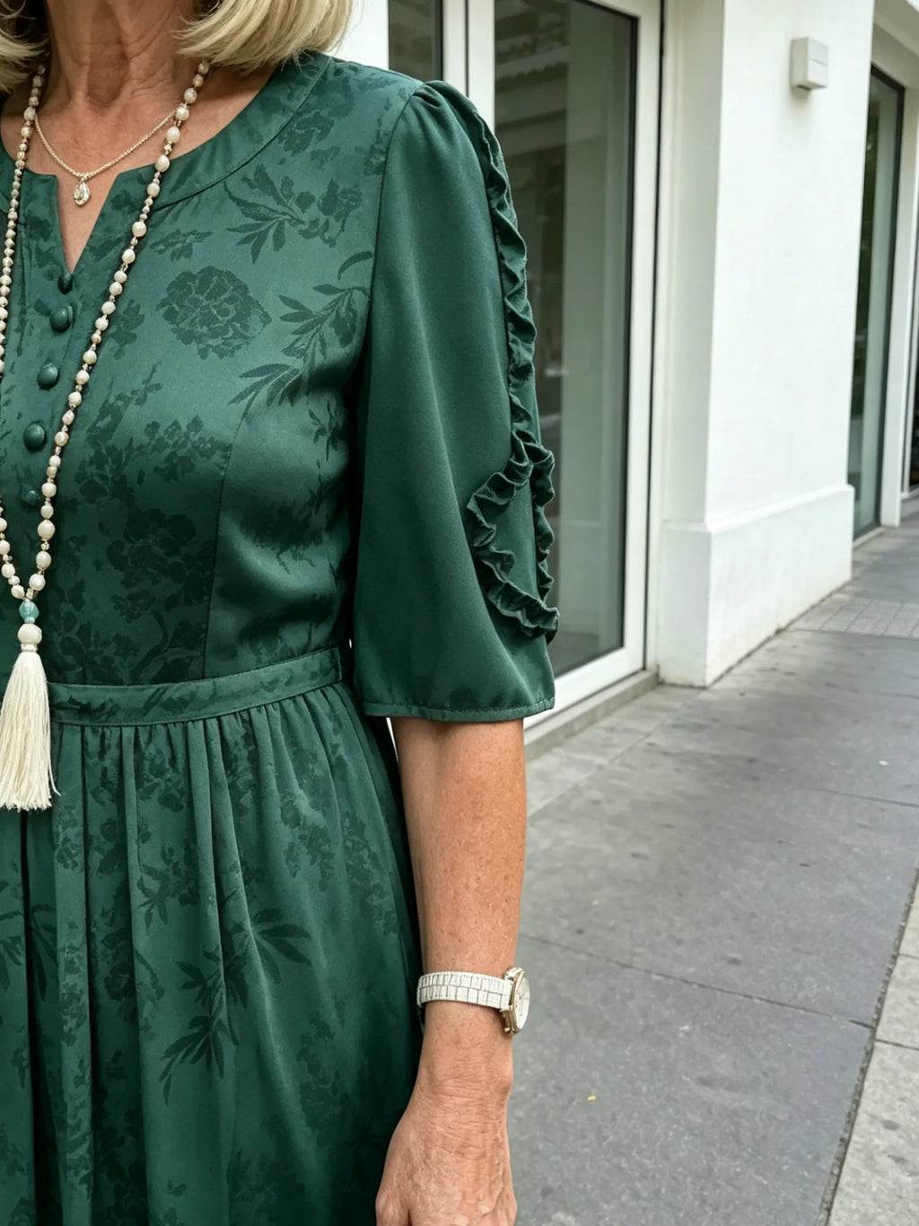 Coffee Brown Floral Print Midi Dress, Split Neck Button Front Ruffle 3/4 Sleeve Tie Waist Slimming Dress for Mature Wome