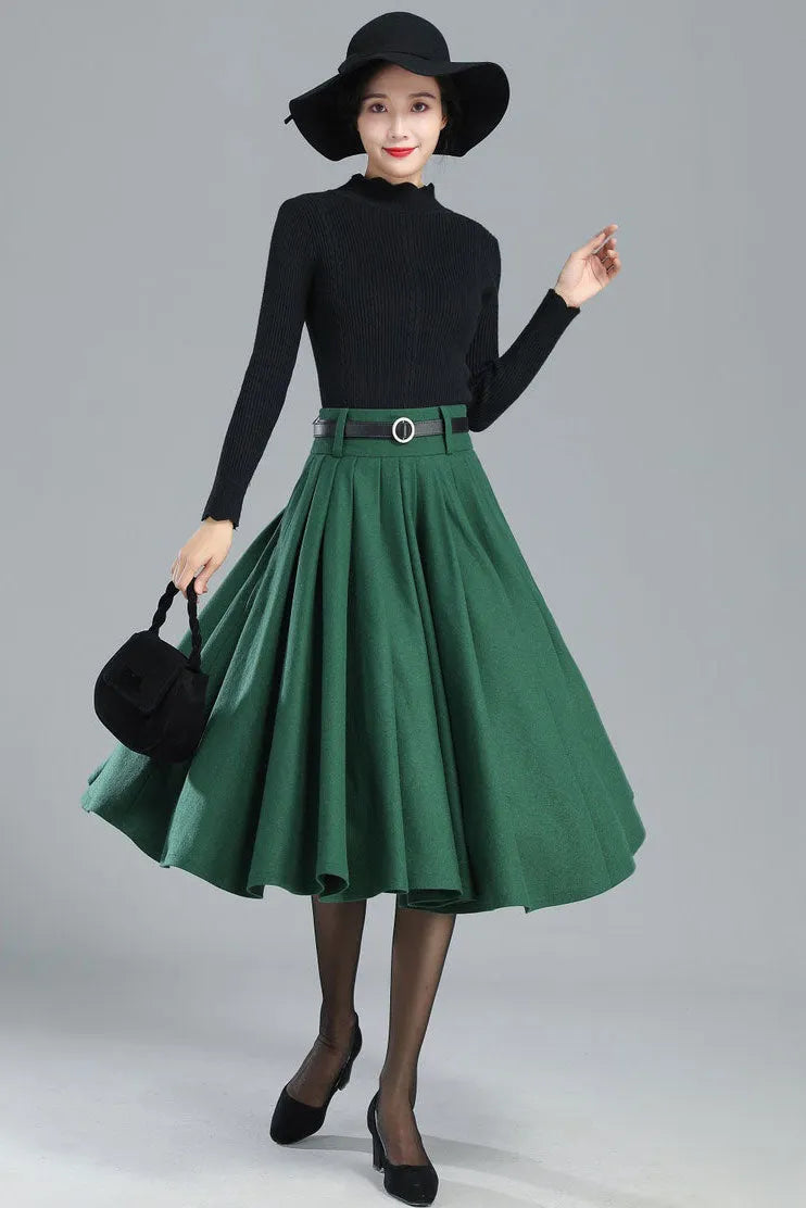 Burgundy Wool Midi Skirt – Vintage High Waist Pleated Circle Skirt 3110