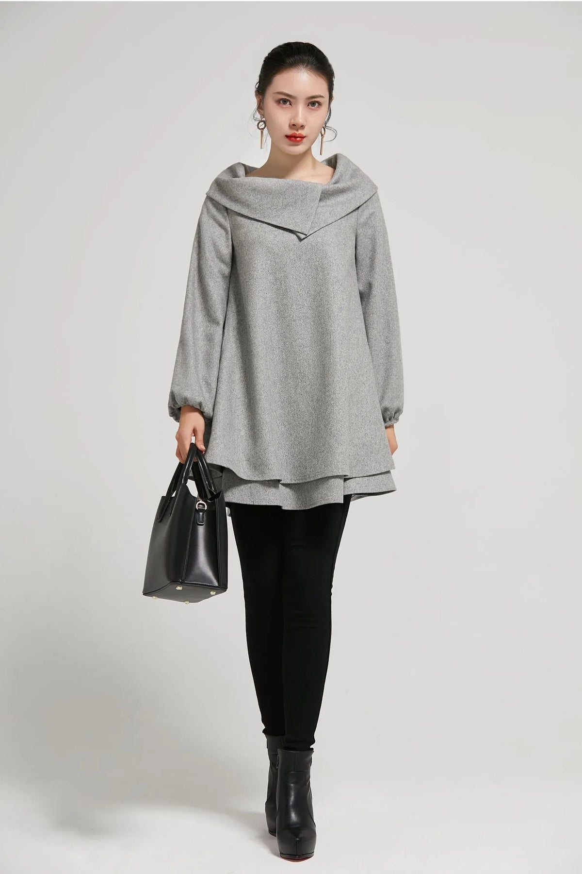 Grey Wool Tunic Dress - Asymmetric Collar & Oversized Silhouette 2310