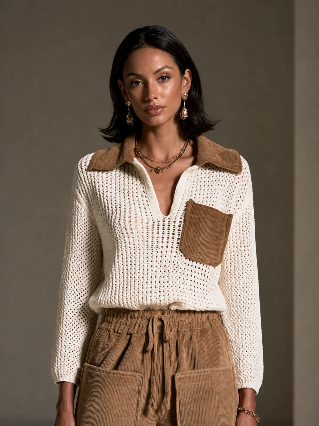Women's Crochet Panel Casual Collared Top MDZ0119I8GMJ