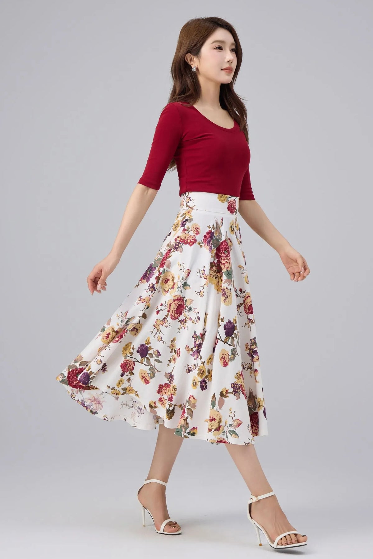 White Floral Cotton Linen Midi Skirt - High Waist, A-line Swing 