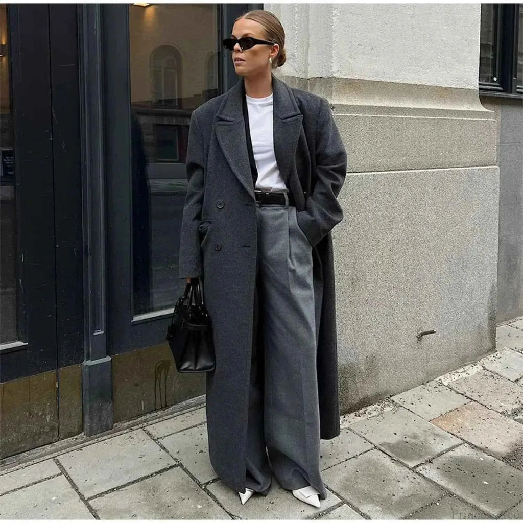 Ribbed Double-Breasted Brushed Coat with Turn-Down Collar