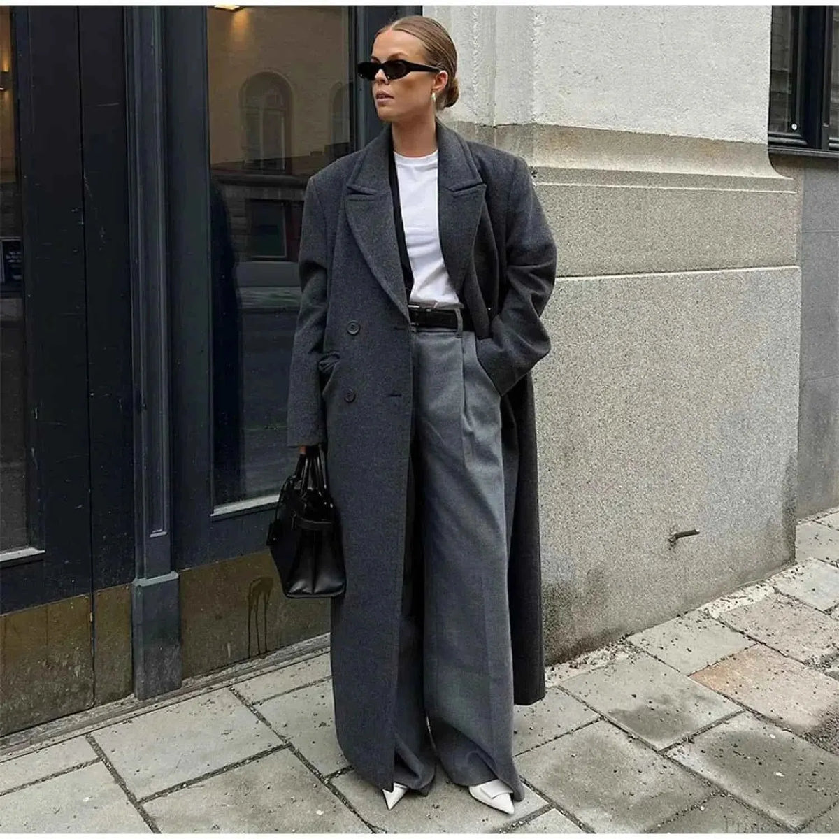 Ribbed Double-Breasted Brushed Coat with Turn-Down Collar