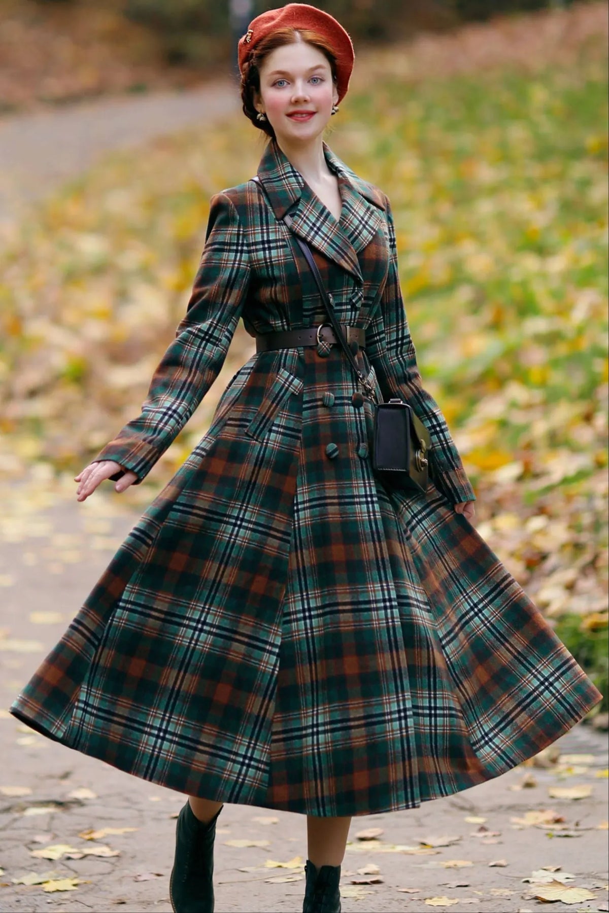 Plaid Wool Coat - Fit-and-Flare Double-Breasted Long Overcoat 4730