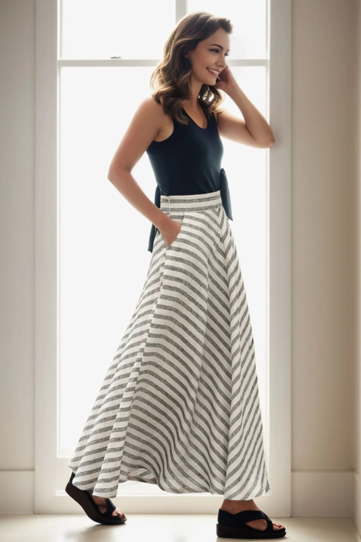 Striped Linen Maxi Skirt - A-Line Flowy High Waist 5120