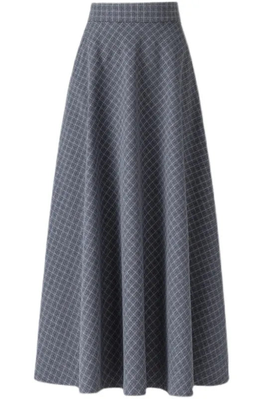 Grey Wool Maxi Skirt - Plaid Patterned, Elastic Waist 3937